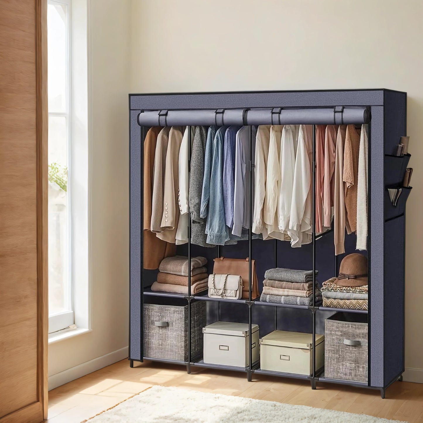 Large Wardrobe Closet with 4 Hanging Rods & 4 Side Pockets, Fabric Storage Organizer for Bedroom/Living Room, Easy Tool-Free Assembly,Dark Blue