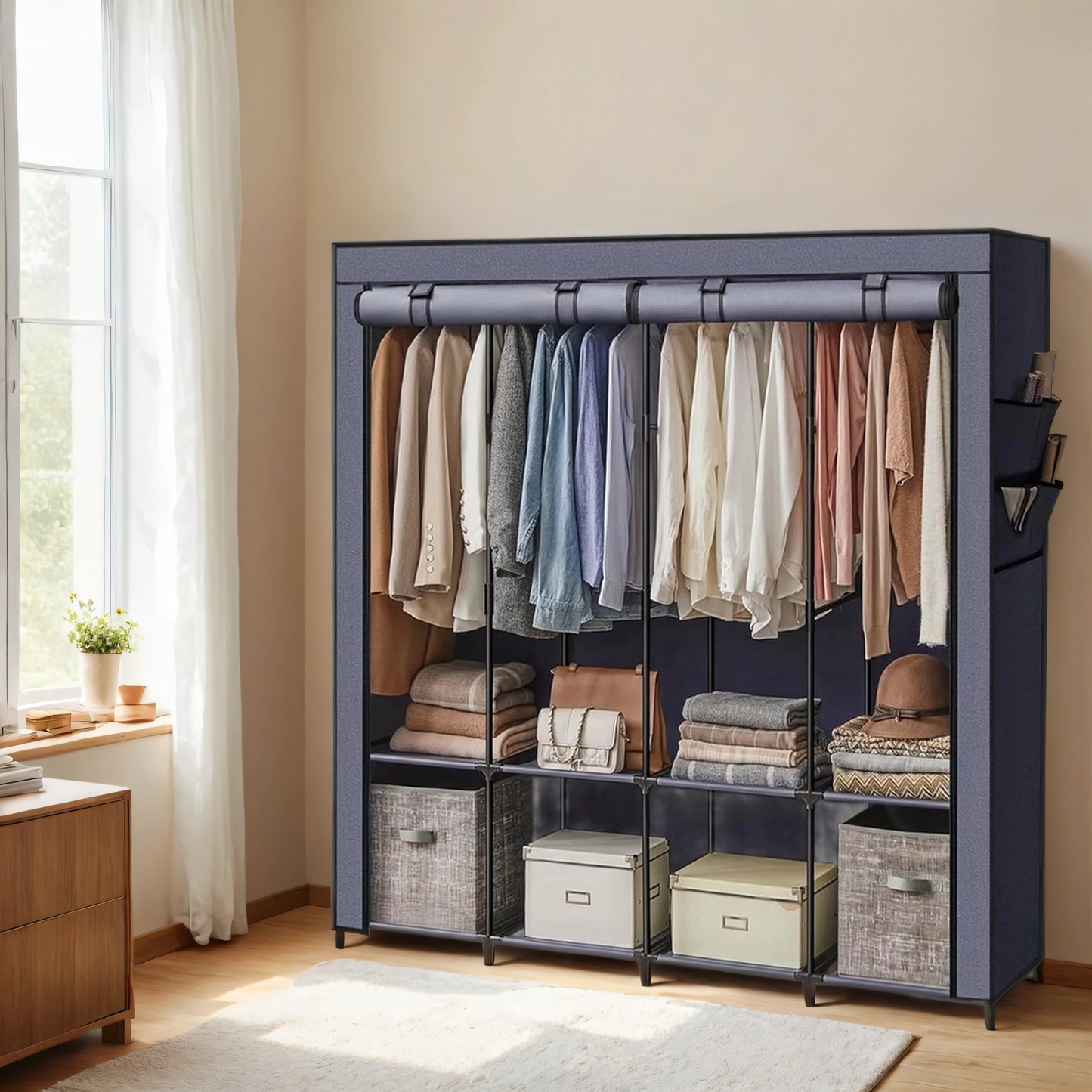 Large Wardrobe Closet with 4 Hanging Rods & 4 Side Pockets, Fabric Storage Organizer for Bedroom/Living Room, Easy Tool-Free Assembly,Dark Blue