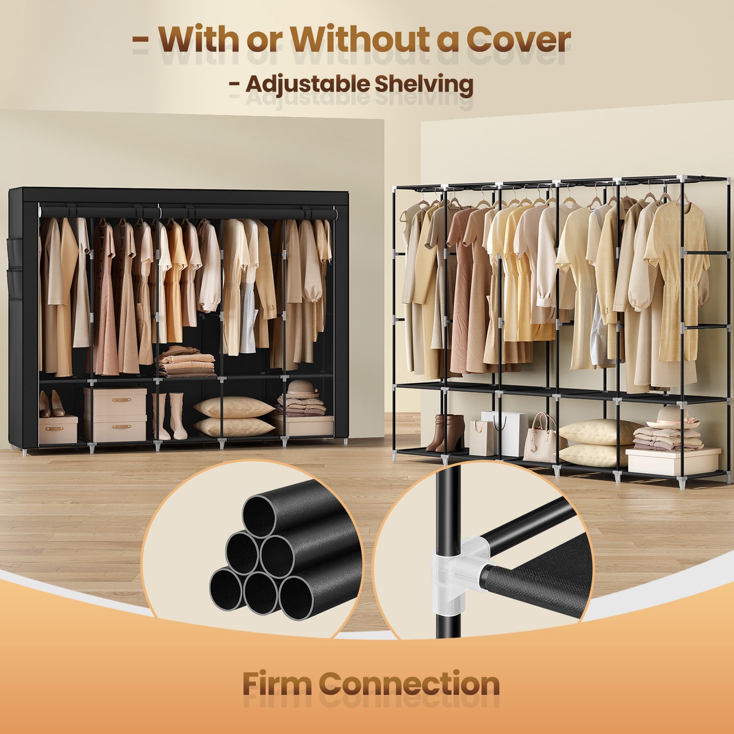 Portable Closet Organizer with Cover - 5 Hanging Rods, 4 Shelves & Pockets, Freestanding Wardrobe for Bedroom/Living Room,  Ink Black