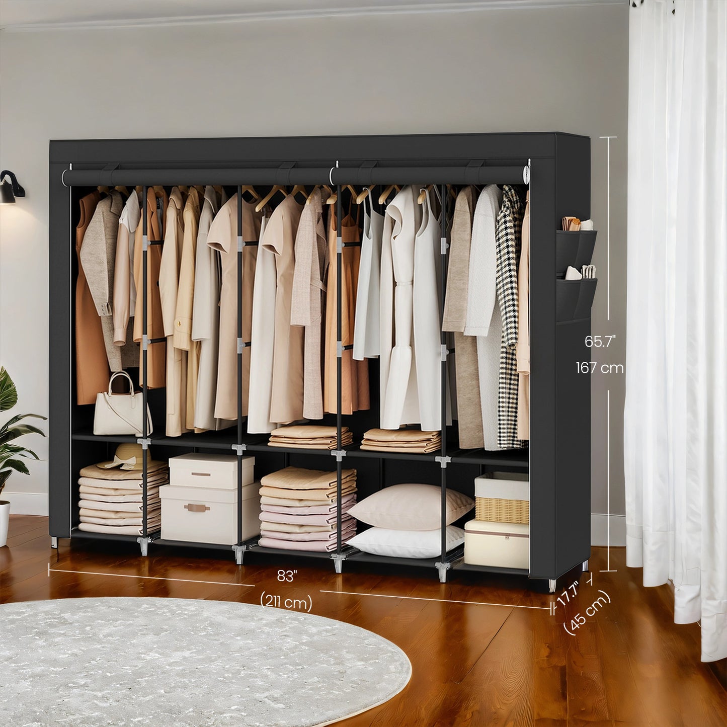 Portable Closet Organizer with Cover - 5 Hanging Rods, 4 Shelves & Pockets, Freestanding Wardrobe for Bedroom/Living Room,  Ink Black