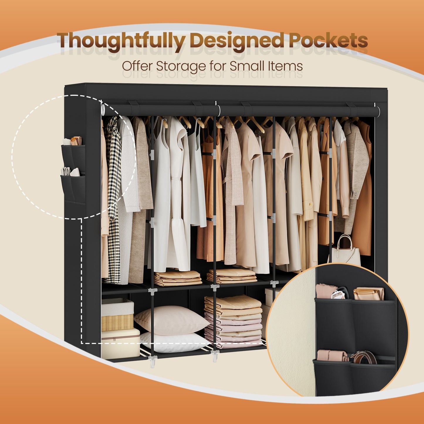 Portable Closet Organizer with Cover - 5 Hanging Rods, 4 Shelves & Pockets, Freestanding Wardrobe for Bedroom/Living Room,  Ink Black