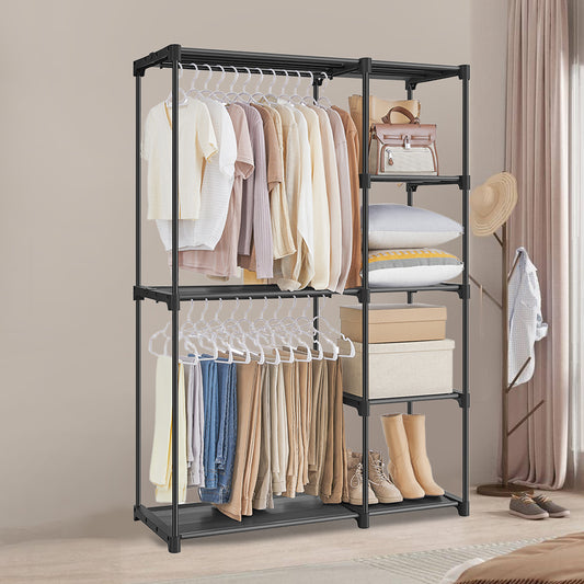 Freestanding Closet Organizer with Hanging Rods & Shelves - Portable Wardrobe for Bedroom, Hallway, 65 Inch Height,Black