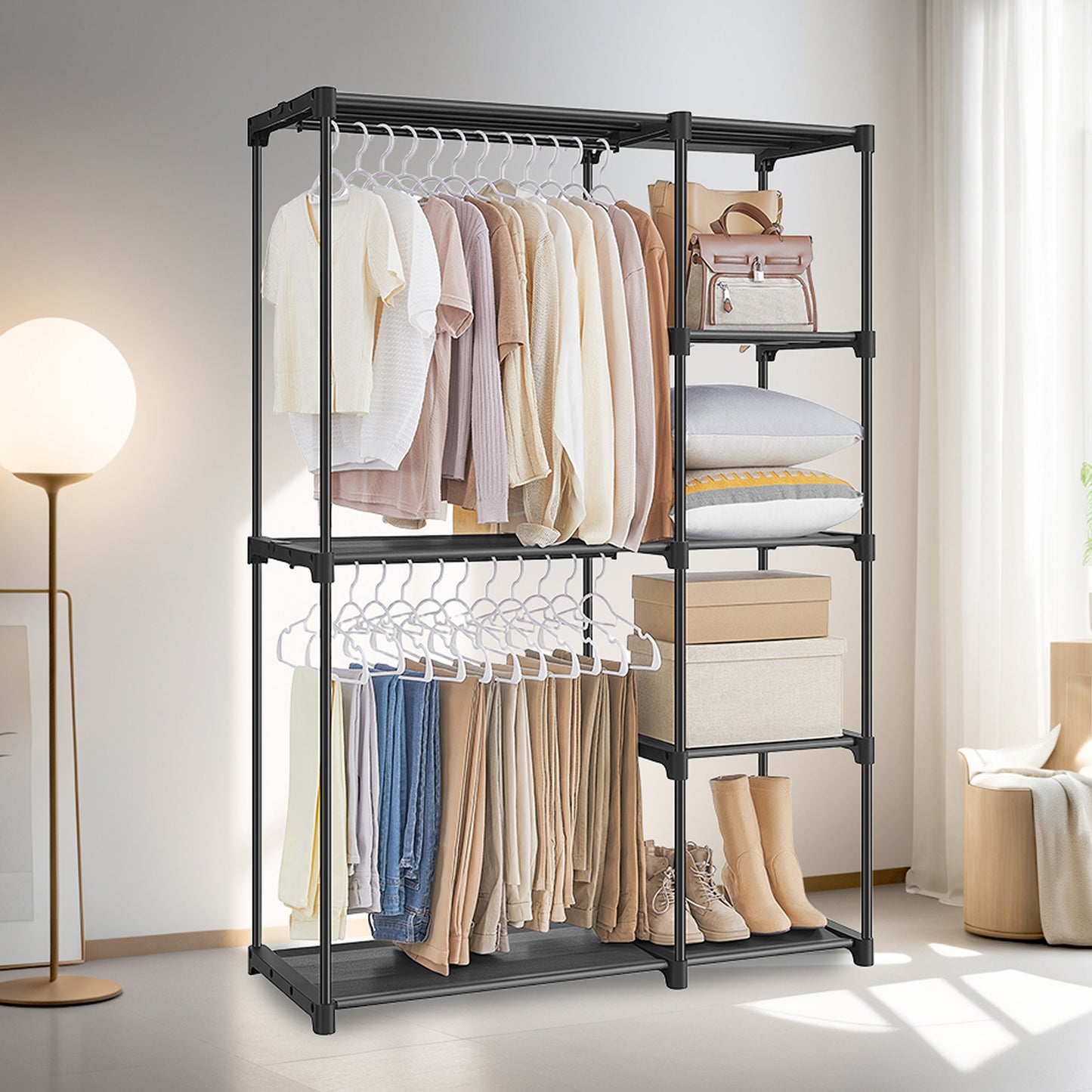 Freestanding Closet Organizer with Hanging Rods & Shelves - Portable Wardrobe for Bedroom, Hallway, 65 Inch Height,Black