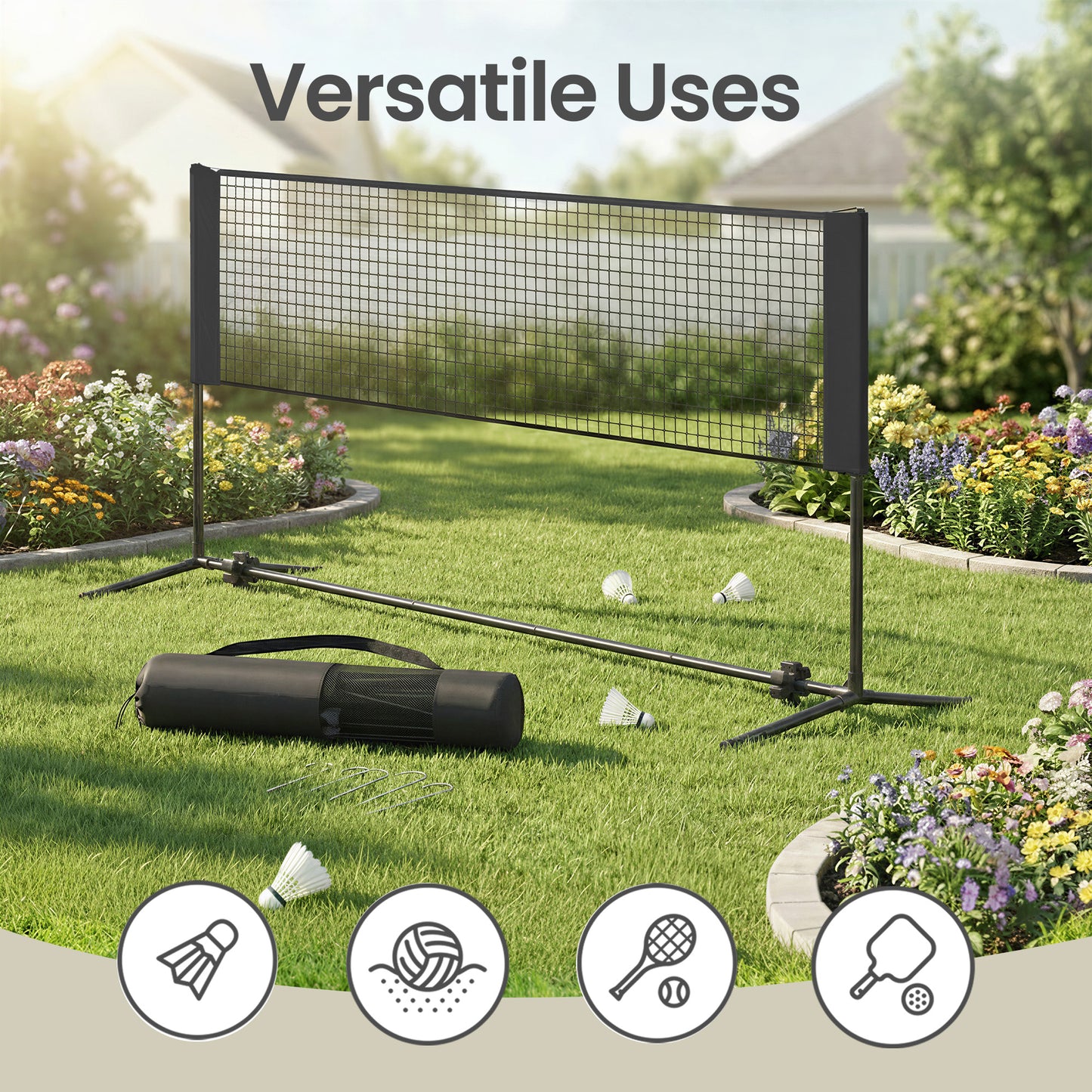 Adjustable Height Multi-Sport Net for Badminton, Pickleball, Volleyball & Junior Tennis, Portable Foldable Design with Carry Bag, 10ft Wide, Black