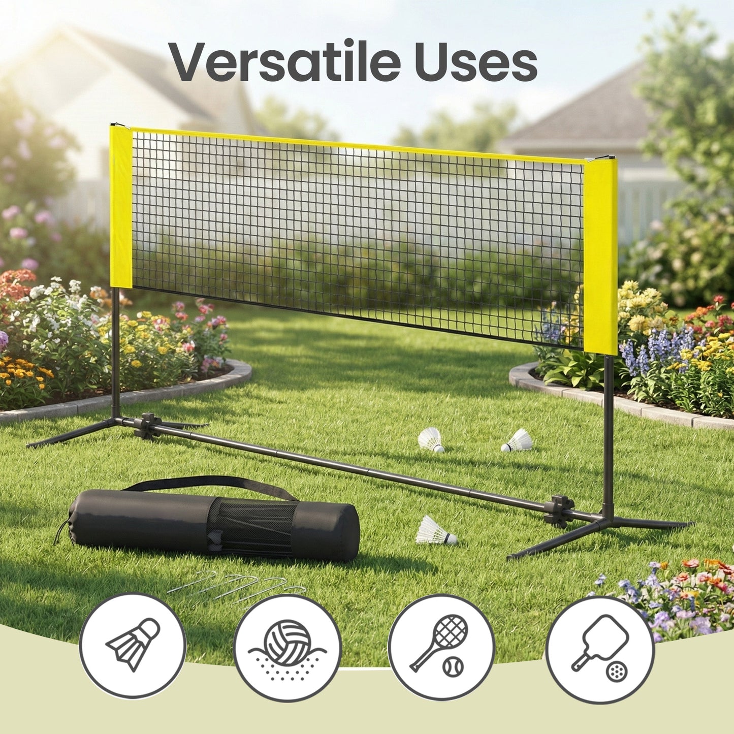 Height-Adjustable Portable Sports Net, 10ft Multi-Sport Net for Badminton, Pickleball, Volleyball, Junior Tennis with Foldable Poles & Carry Bag, Yellow