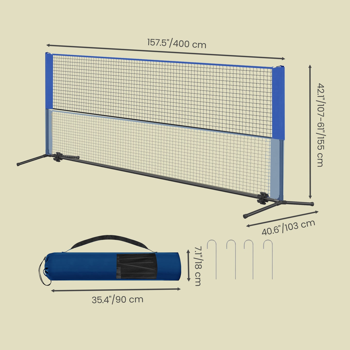Adjustable Height Badminton Net, Volleyball and Pickleball Net for Kids and Junior Tennis, 13 ft Wide Foldable Nylon Net with Poles, Blue