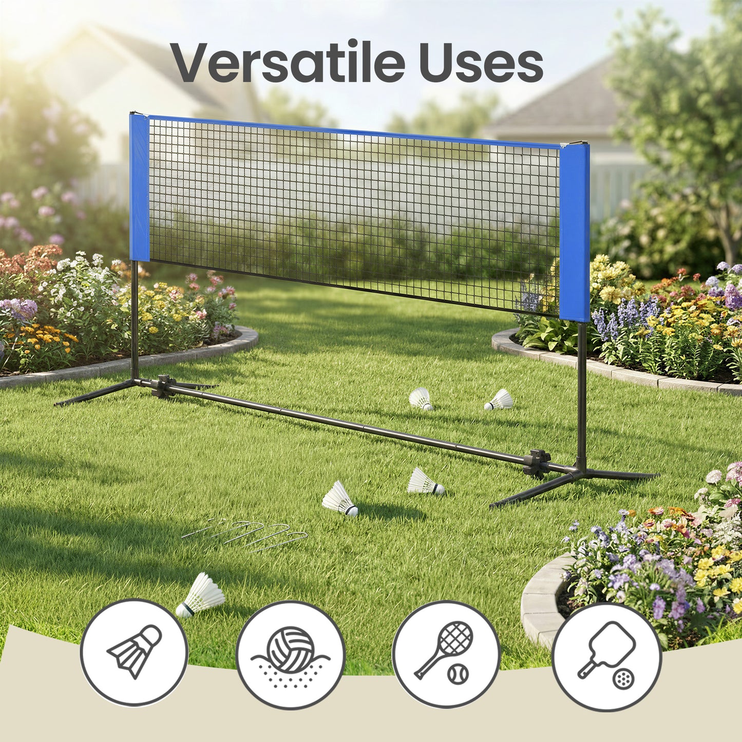 Adjustable Height Badminton Net, Volleyball and Pickleball Net for Kids and Junior Tennis, 13 ft Wide Foldable Nylon Net with Poles, Blue