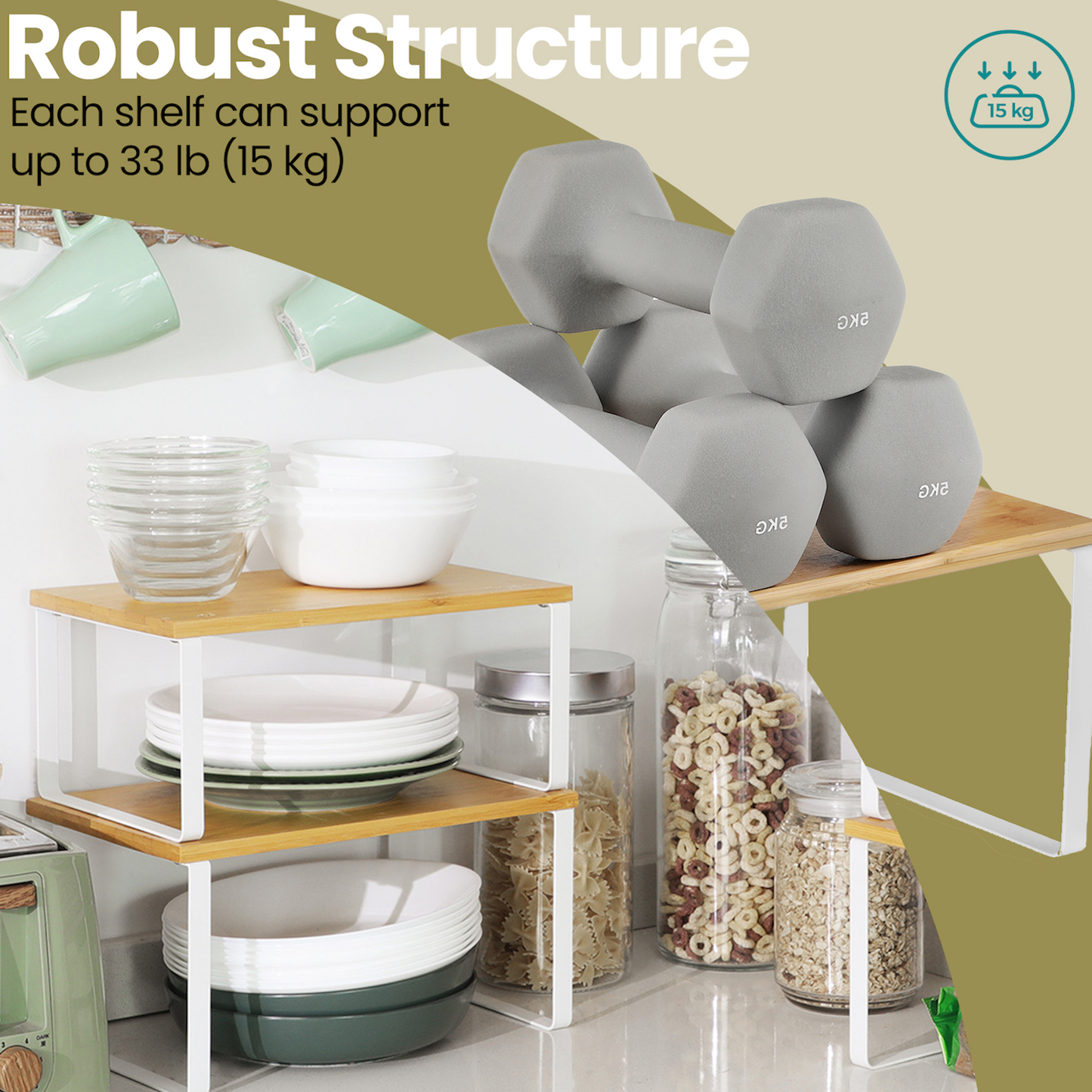 Kitchen Cabinet Organizer Shelf Set - 4-Tier Stackable & Expandable Storage Rack, Spice & Pantry Shelf, Metal，Wood Design, White，Beige