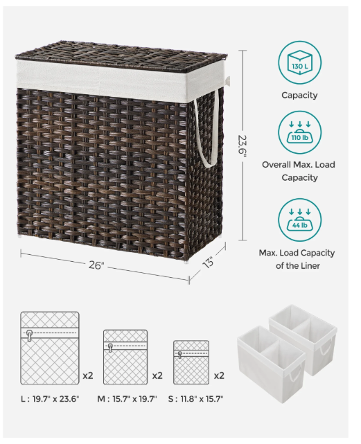 130L Laundry Hamper Basket with Lid Clothes Hamper with 2 Removable Liner Bags & 6 Mesh Bags Wicker Laundry Basket for Laundry Room Brown