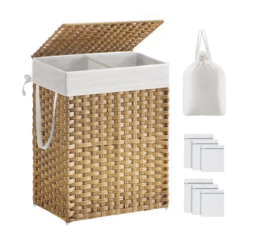 110L Laundry Hamper Basket with Lid Clothes Hamper with 2 Removable Liner Bags & 6 Mesh Bags Wicker Laundry Basket for Laundry Room Natural