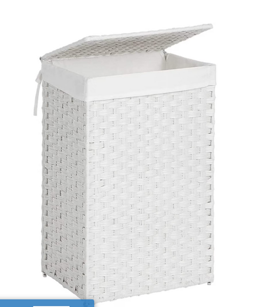 17.2 Gallon (65L) Wicker Laundry Hamper with Lid Laundry Basket with Handles Wicker Basket Foldable Removable Liner Bag White